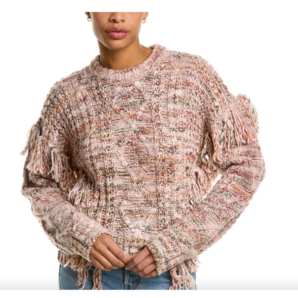 Joie Meghan Cable Knit Wool Blend Long Sleeve Fringe‎ Sweater Size M